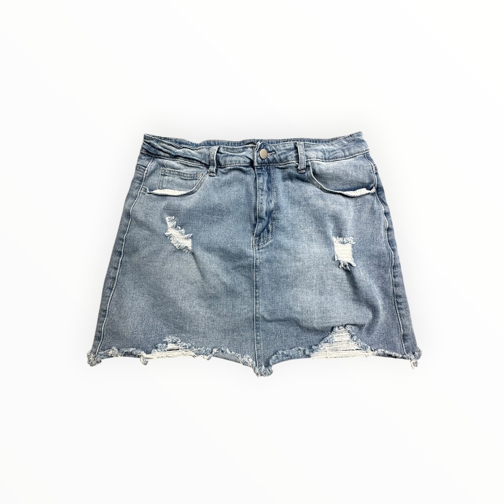 Gobles Denim Skirt Womens L Blue Distressed Mini Raw Hem Frayed‎ Ripped Stretch